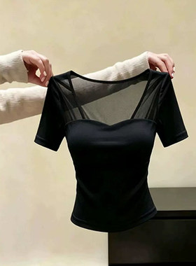 时尚高级感黑色网纱拼接短袖T恤女夏季新款性感修身显瘦减龄上衣