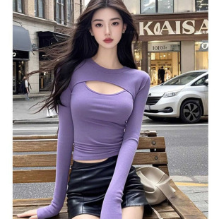 早春性感纯欲辣妹镂空打底衫女百搭独特别致紫色长袖t恤修身上衣