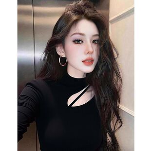 纯欲辣妹黑色镂空半高领德绒长袖t恤上衣秋冬季独特修身打底衫女