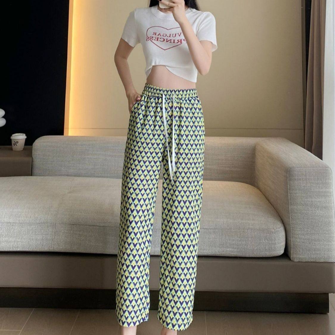 欧货复古印花休闲裤子女春夏新款百搭松紧腰宽松显瘦直筒九分裤女,女装/女士精品,休闲裤,淘宝优惠券,粉丝福利购,淘宝优惠卷