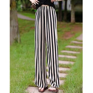 大码黑杏竖条纹阔腿裤女春夏薄款裤子高腰显瘦垂感休闲直筒长裤潮