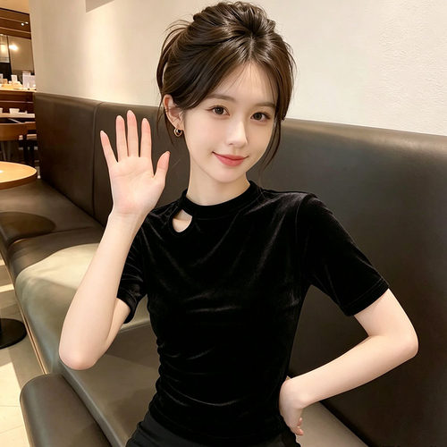 欧货金丝绒心机t恤女2026早秋新款简约休闲中半袖内搭打底衫上衣