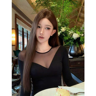 黑色微透网纱拼接长袖打底衫女春秋性感小众高级感修身独特小上衣