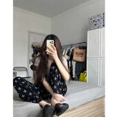 高腰直筒小个子长裤 印花十字架裤 窄版 阔腿运动休闲裤 子女夏季 新款