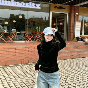 黑色半高领丝绒长袖t恤女装2026新款春装爆款百搭打底衫修身上衣