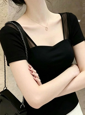 高级感简约黑色拼接网纱方领短袖T恤女夏季新款洋气减龄显瘦上衣
