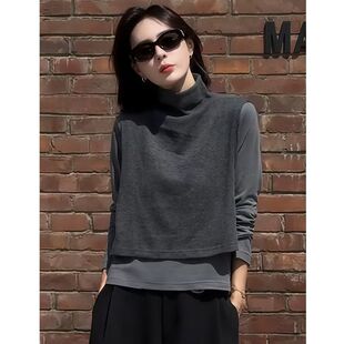 短马甲 叠穿侧扣无袖 半高领德绒磨毛披肩上衣女春秋新款 纯色打底衫
