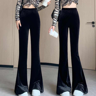 金丝绒微喇裤女春秋新款韩版时尚休闲长裤高腰显瘦黑色微喇叭裤子