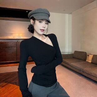 美式复古设计感镂空长袖T恤内搭女春秋修身性感斜领辣妹上衣打底