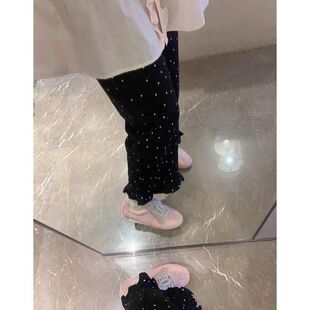 韩国东大门春夏新款波点裤脚花边设计直筒阔腿百搭显瘦休闲九分裤