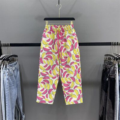 彩色西瓜印花休闲裤子女春夏新款沙滩裤松紧腰宽松直筒阔腿九分裤