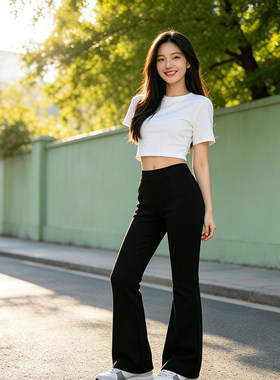 黑色微喇裤女夏季薄款2026新款松紧显瘦高腰喇叭裤修身马蹄长裤子