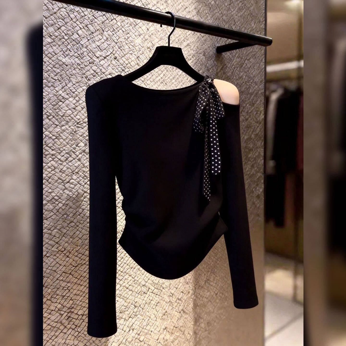 时尚潮流小众百搭简约绑带露肩长袖t恤春季高级感休闲风上衣小衫