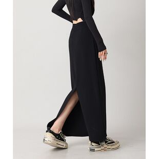 半身裙女胖mm后开叉长裙直筒显瘦包臀高腰裙子 黑色长款 春夏季 大码