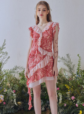 YANN M 原创设计红色印花拼接连衣裙2024春装浪漫花边V领不规则裙
