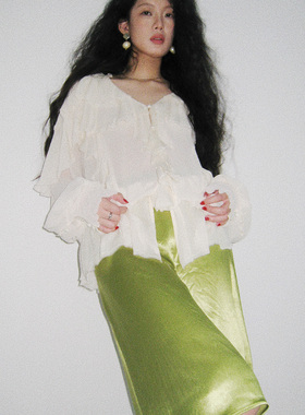 YANN M 原创设计绿色醋酸A字侧拉半裙显瘦复古亲肤春秋优雅新款女