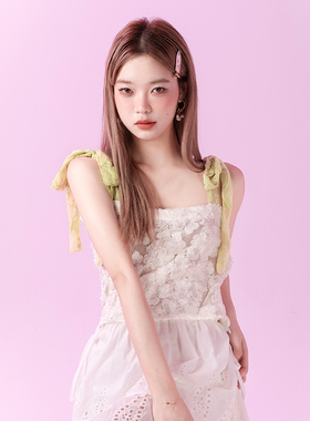 Yann M原创设计 白色立体花朵绿色蕾丝蝴蝶结吊带修身仙女短吊带