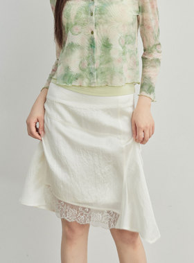 YANN M原创设计 米白色醋酸皱分割拼接蕾丝花边复古海妖风A字半裙