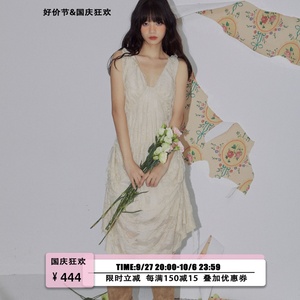 YannM春夏吊带连衣裙无袖拉毛皱褶裙子米白长裙质感小白裙极简