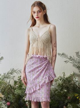 Yann M原创 紫色条纹印花半裙休闲浪漫高腰褶皱裙假双层设计海边