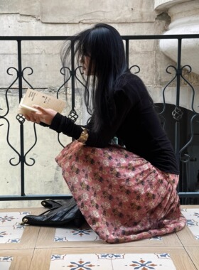 YANN M 原创设计复古砖红色印花蓬松抽褶休闲低腰半裙秋冬新款女