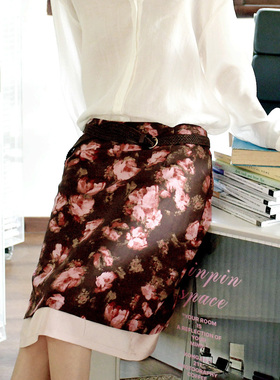 YANN M原创新款棕色玫瑰印花双层半裙低腰显瘦文艺气质复古裙女款