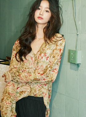 YANN M原创新款绿色印花休闲雪纺衬衫柔软亲肤复古垂感衬衫微透夏