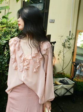 YANN M原创设计新款粉色复合丝花边衬衫复古温柔防晒甜美宽松度假