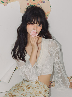 Yann M原创设计2024春夏复古蕾丝衬衫短上衣雪纺花边领浪漫氛围感