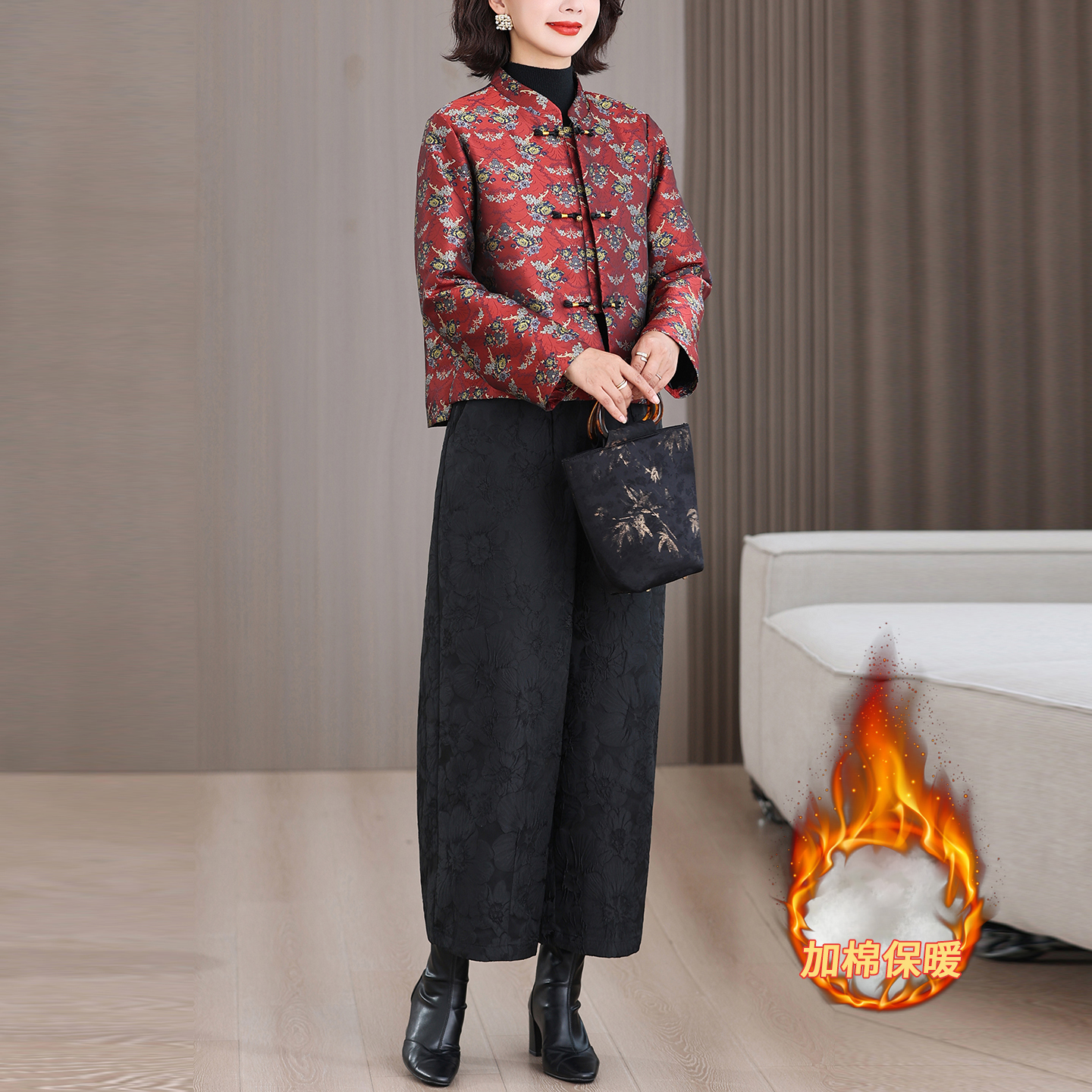 红色宋锦提花缎短外套棉裤套装冬