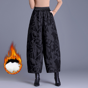 国风花苞裤灯笼冬季夹棉高腰洋气九分提花新中式复古宽松阔腿裤子