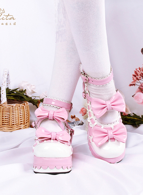 春秋圆头甜美LOLITA鞋厚底松糕坡跟细带公主蝴蝶结洛丽塔鞋9896