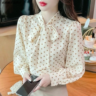 衬衣飘带女2026衬衫年蝴蝶结春秋雪纺衫上衣波点韩版新款雪纺长袖