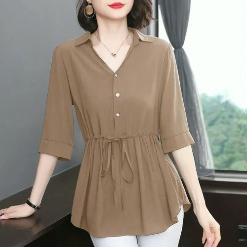 短袖衬衫女雪纺中袖夏季新款遮肚收腰上衣大码中长款洋气漂亮小衫