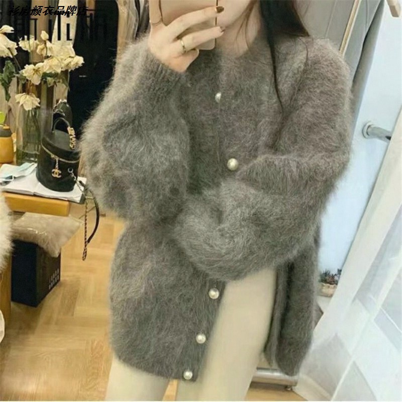 开衫外套时尚百搭长毛潮钻石扣毛衣百搭秋冬宽松时尚女装仿水貂绒