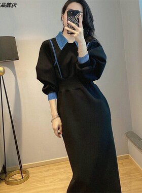 拼接牛仔全身新款高腰2026女加绒卫衣裙显瘦连衣裙休闲复古秋冬