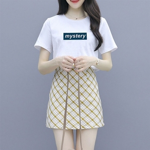 a字半身裙子女学生韩版 女夏两件套短袖 单 t恤 短裙子套装 套装 时尚