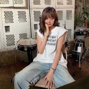 宽松设计感小众垫肩上衣 美式 复古白色无袖 坎肩t恤女2024夏季 新款