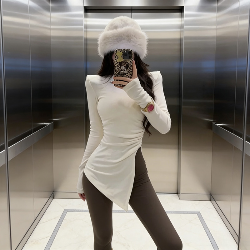 韩系气质高级感不规则正肩内搭长袖T恤女装2026春季修身打底上衣,女装/女士精品,T恤,淘宝优惠券,粉丝福利购,淘宝优惠卷