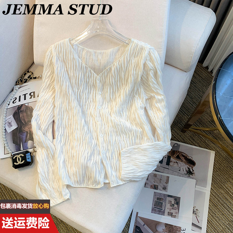法式气质甜美V领长袖白色衬衫女春秋2025薄款设计感小众洋气上衣