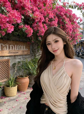 纯欲风甜美感性感小众交叉挂脖背心吊带女装夏季修身显瘦露腰上衣