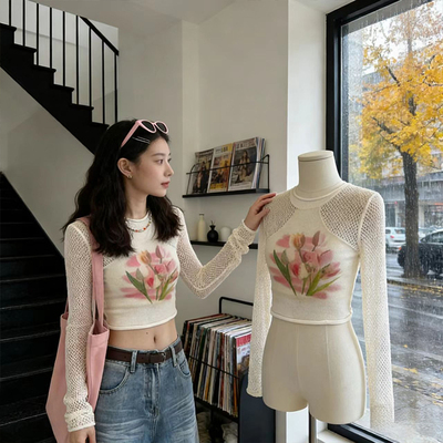 甜美风郁金香印花镂空长袖t恤女装夏季新款修身显瘦独特漂亮上衣