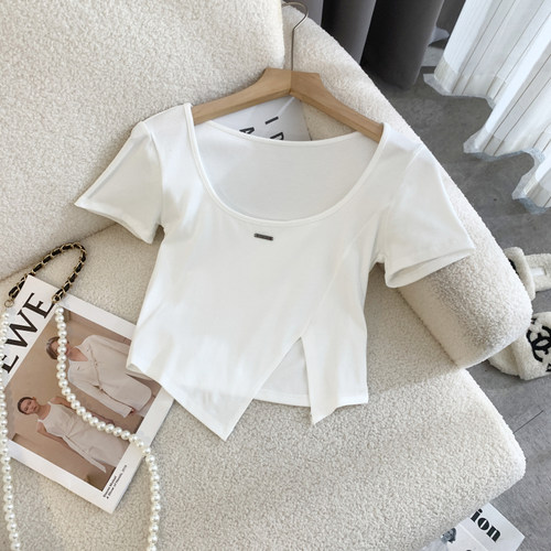 新款U领开叉正肩甜辣小上衣短款