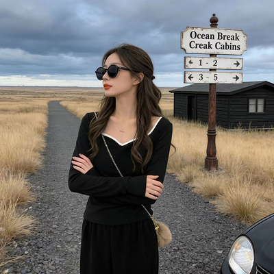 法式气质大领口高级感内搭长袖T恤女装春季黑色修身显瘦打底上衣