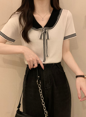 欧货设计感撞色海军领短袖T恤女夏季新款小众系带独特超好看上衣