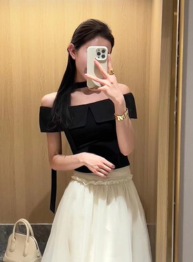 法式气质荷叶边一字领短袖t恤女夏季新款挂脖飘带设计感黑色上衣