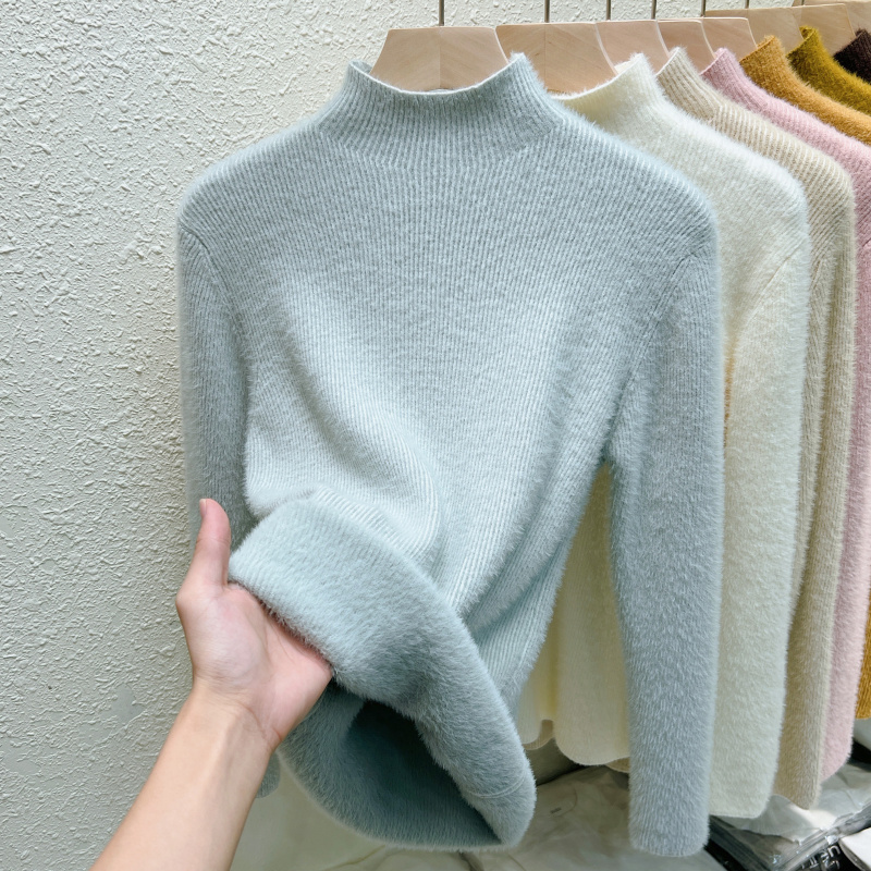 蓝色毛衣加绒加厚高领打底衫