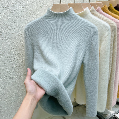 蓝色毛衣加绒加厚高领打底衫