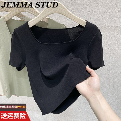 黑色方领冰丝短袖T恤女夏季
