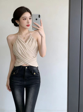 韩版简约潮流爆款小众交叉挂脖背心吊带女装夏季修身显瘦露腰上衣